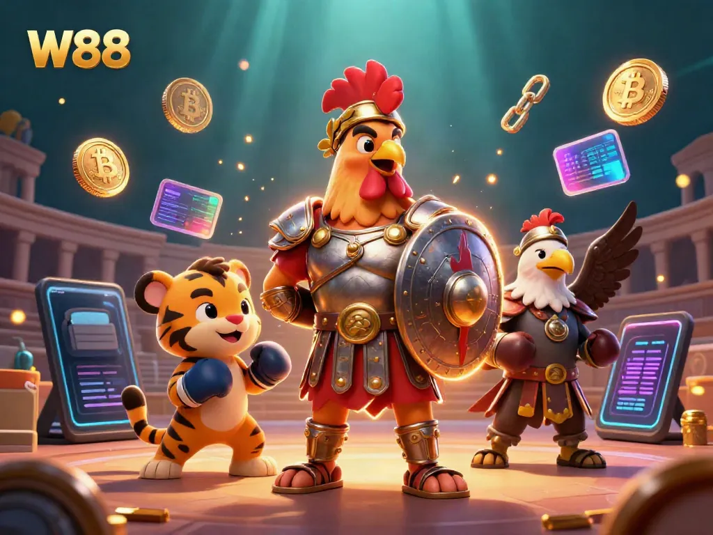 Experience W88's thrilling 3D casino excitement with gladiator rooster amidst glowing crypto elements.
