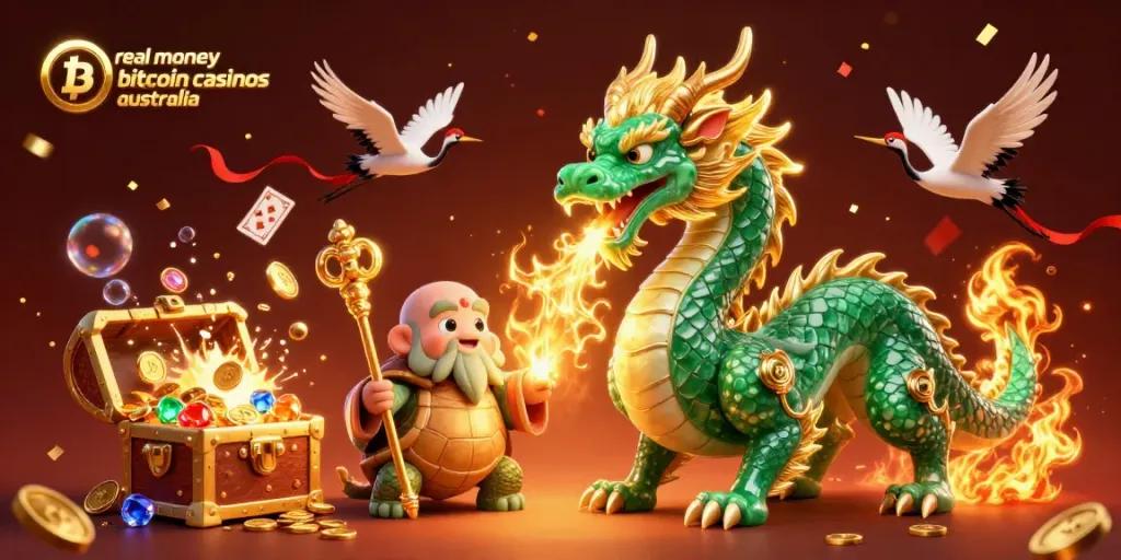 Experience real money bitcoin casinos in Australia with vibrant 3D illustration showcasing dynamic gaming elements.