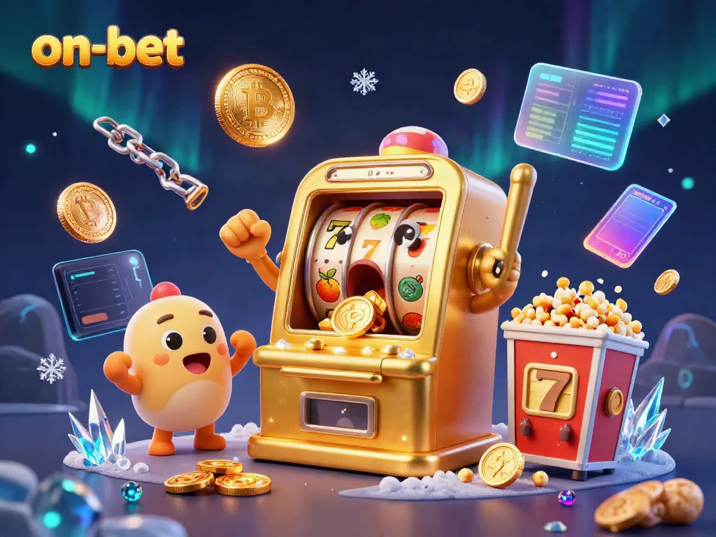 Experience the excitement with on-bet's golden slot machine hitting the jackpot amidst vibrant crypto elements.