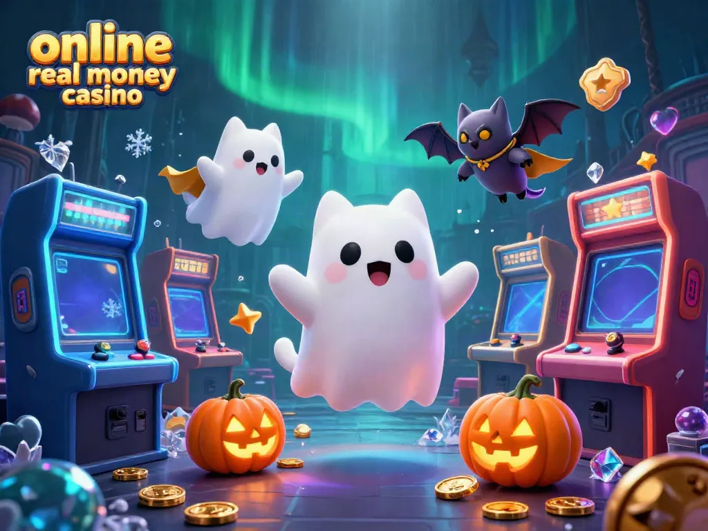 Encounter an online real money casino vibe with a ghost cat and vampire bat amid glowing arcade elements.