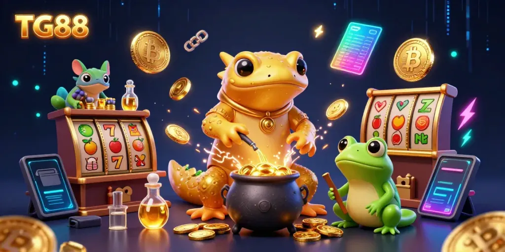 Participate in thrilling TG88 casino action with a vibrant 3D scene of golden alchemists and slot elements.