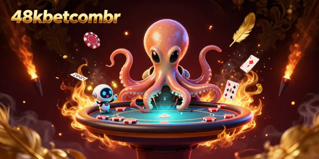 Engage in thrilling poker action at 48xbetcombr with an alien octopus and robot companion.