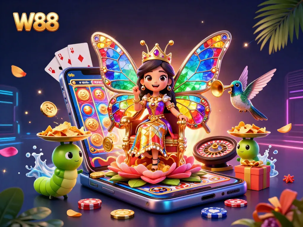 W88 invites players to experience vibrant online casino excitement with a 3D butterfly queen and dynamic game elements.
