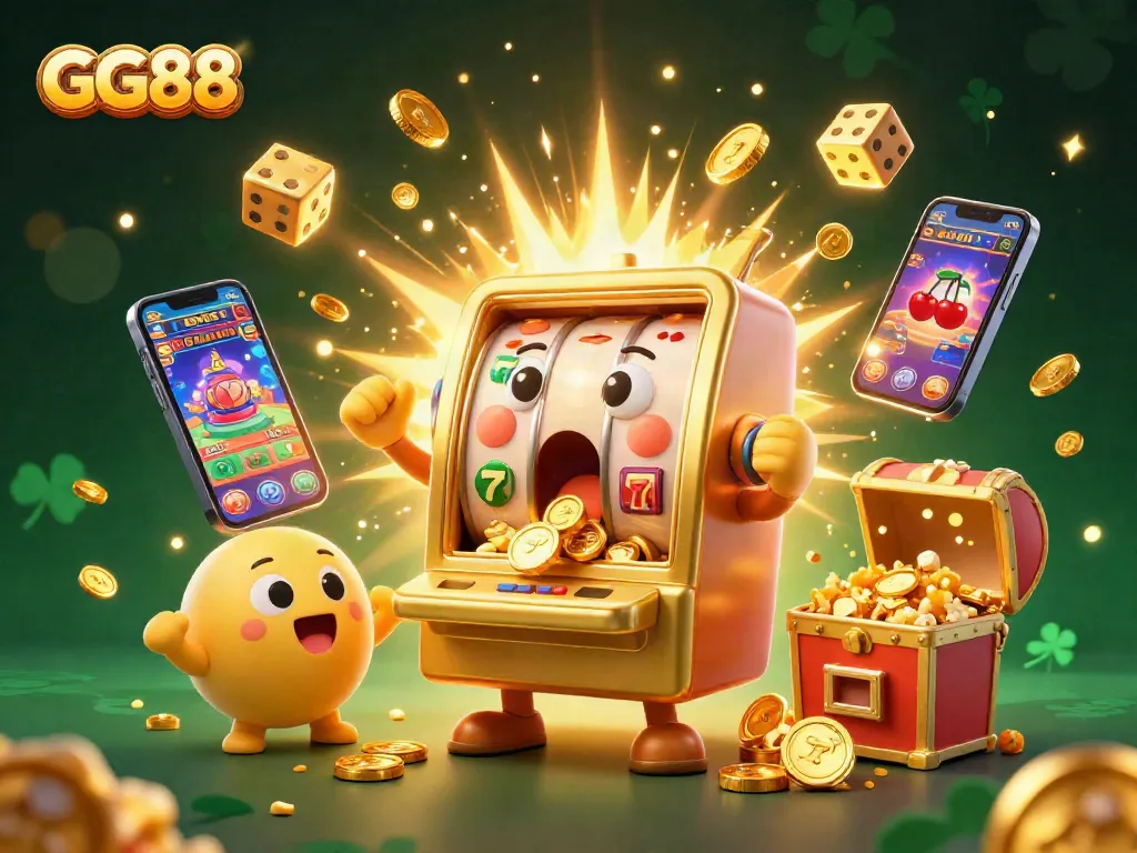 GG88 jackpot-winning slot machine illustration with cheerful baby machines and golden coins.