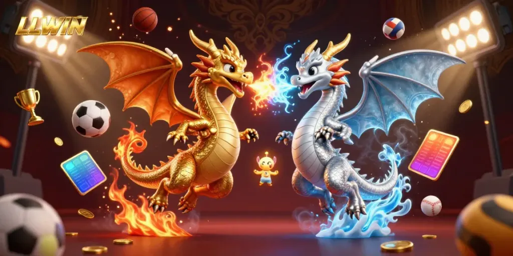 Experience high stakes at LLWIN with dynamic 3D dragons unleashing fire and ice amidst sports betting excitement.
