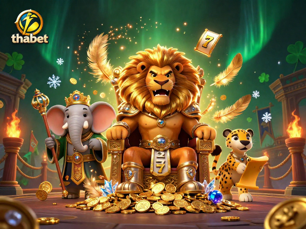 Experience thrilling gameplay at thabet with a vibrant 3D casino scene featuring a majestic lion king and engaging gaming elements.