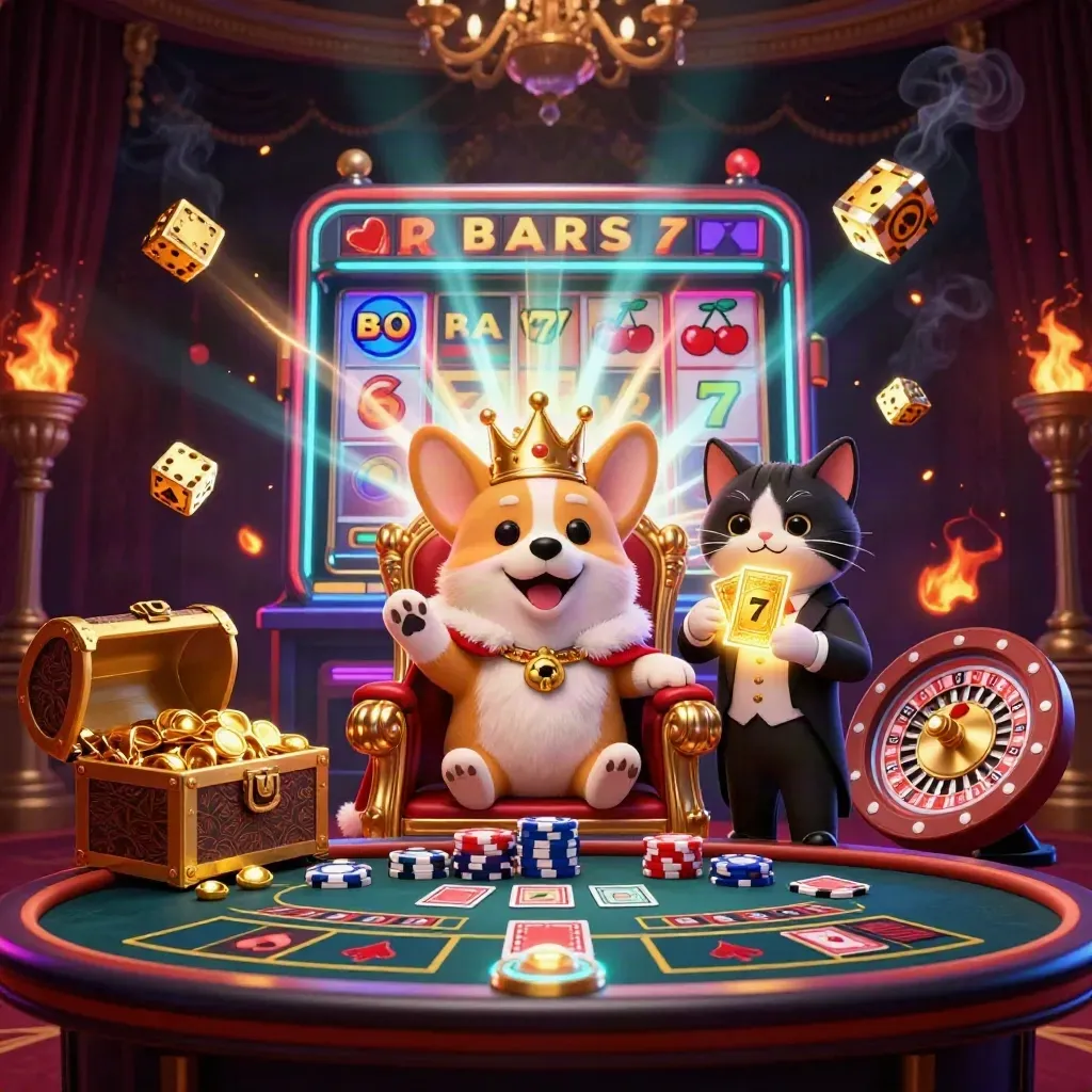 Royal corgi and cat butler amid slot symbols, gold, smoke, and neon casino glow.