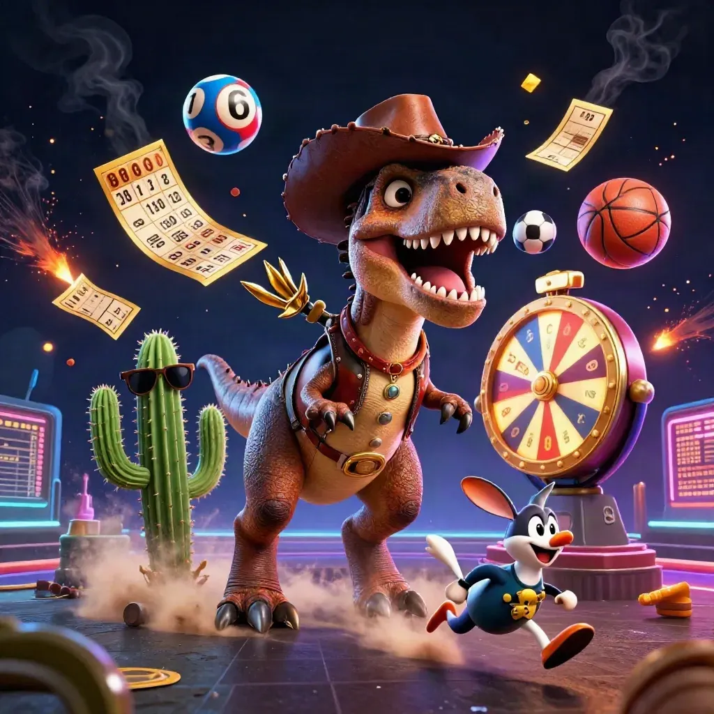 Cowboy T-Rex, cactus sidekick, and roadrunner amid casino bursts, balls, wheel, and neon horizon.