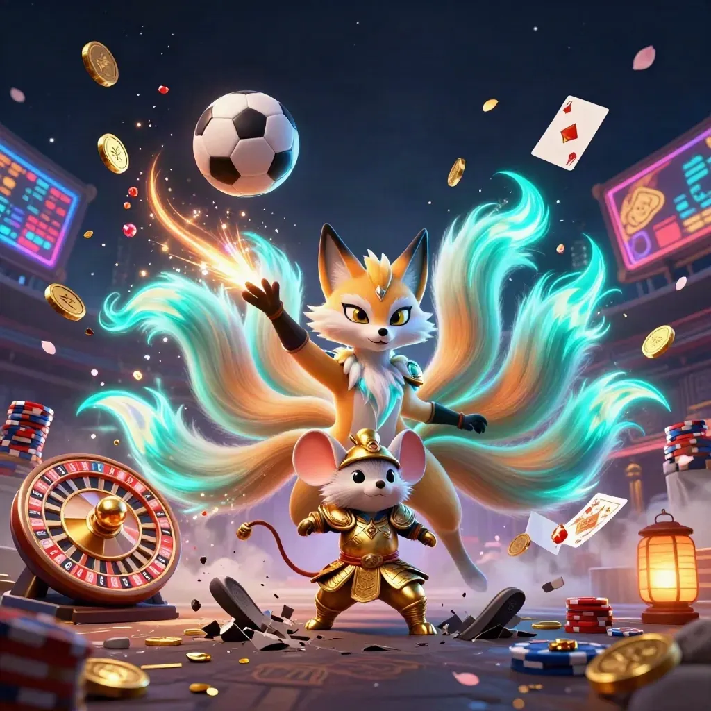Neon fox spirit and golden mouse amid flying soccer and basketball, chips, coins, and casino light.
