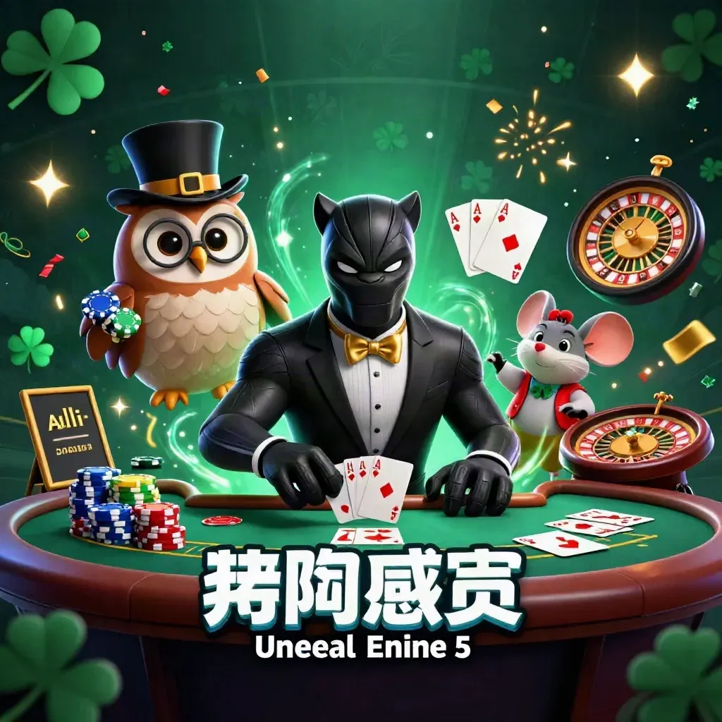 Panther, owl, and mouse casino heroes amid chips, cards, sparks, and neon glow.