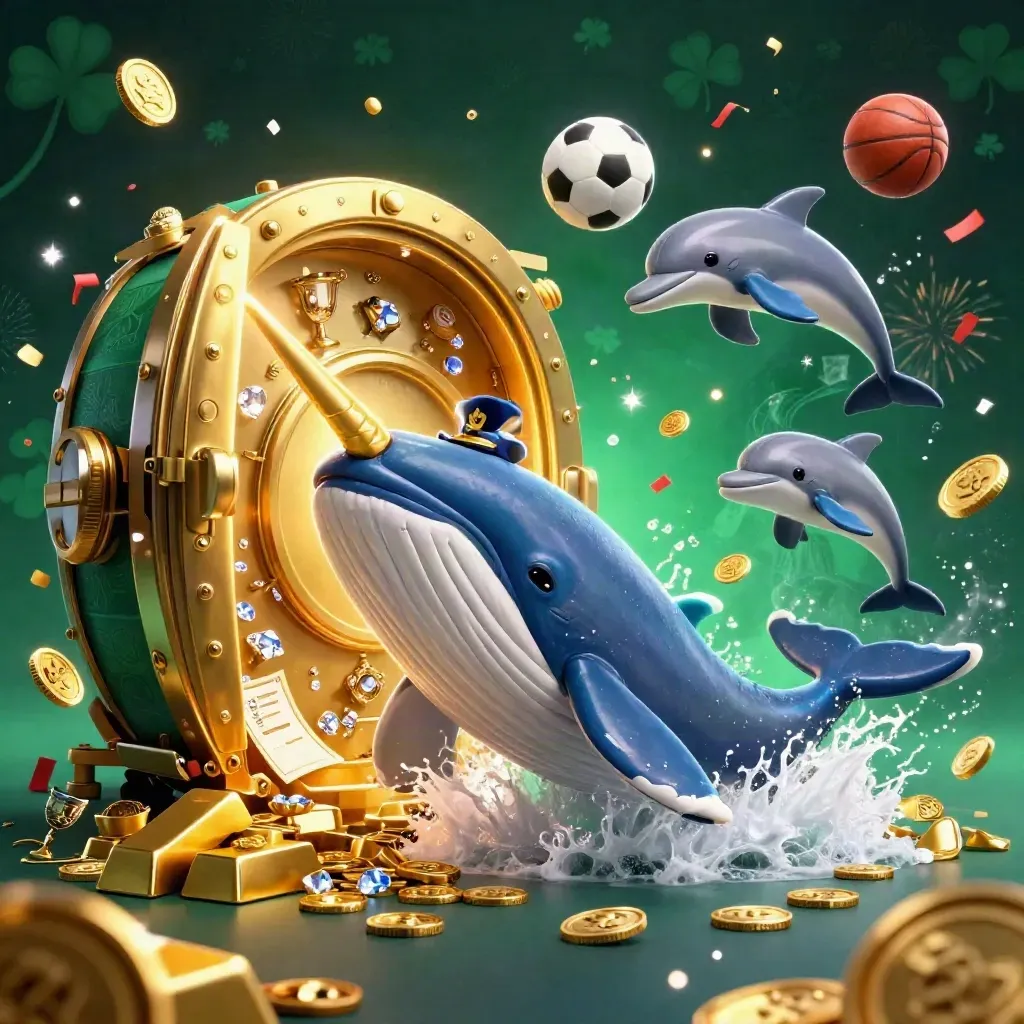 Whale captain, narwhal and dolphins burst through gold coins with sports balls and casino glow.