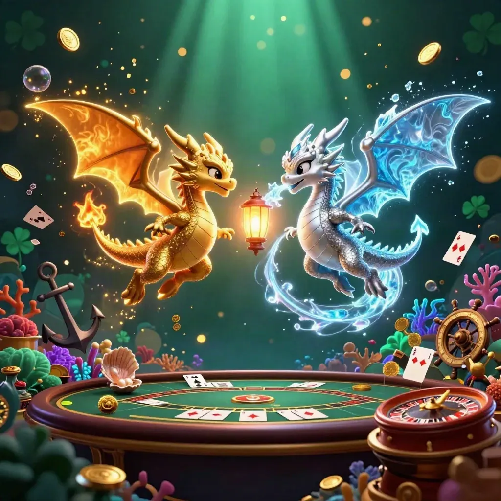 Gold and silver dragons swirl in a treasure cove with casino luxuries and glowing light.