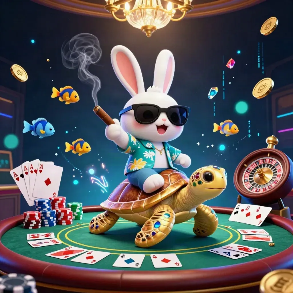 Lucky rabbit rides a jeweled turtle amid casino props and neon teal-gold glow.
