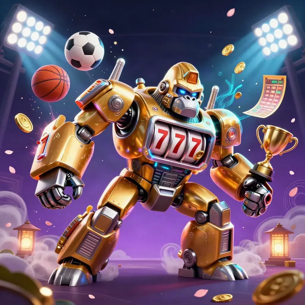Golden gorilla mech with slot reels, flying sports balls, coins, and teal stadium glow.