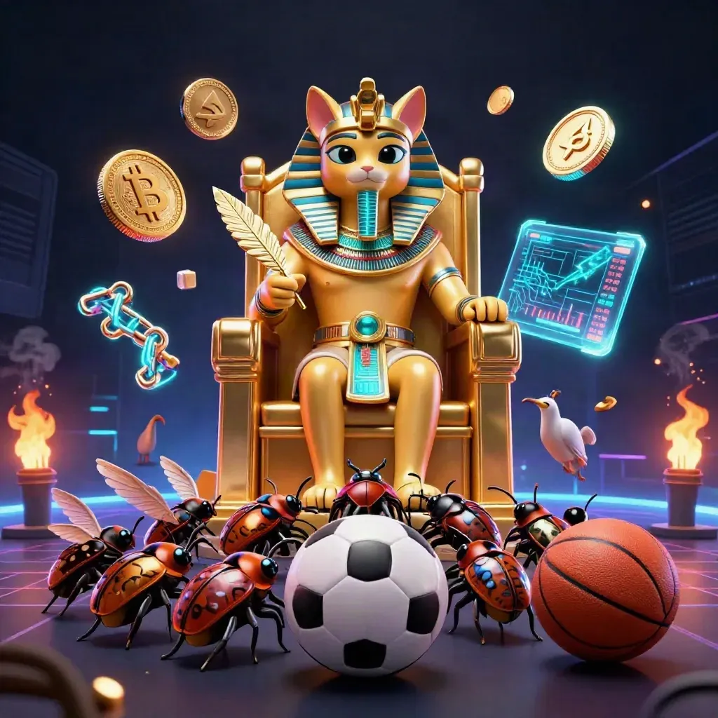 Pharaoh cat, ibis scribe, scarab beetles, and sports balls amid neon casino glow.