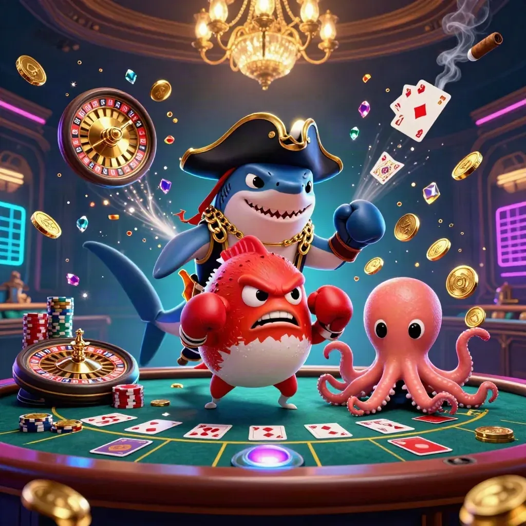 Pirate shark, boxing pufferfish, and juggling octopus amid casino coins and neon glow