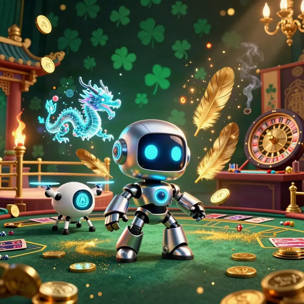 Cyberpunk robot, holographic dragon, and coin drone in a glowing casino room with wheel and dealer button.