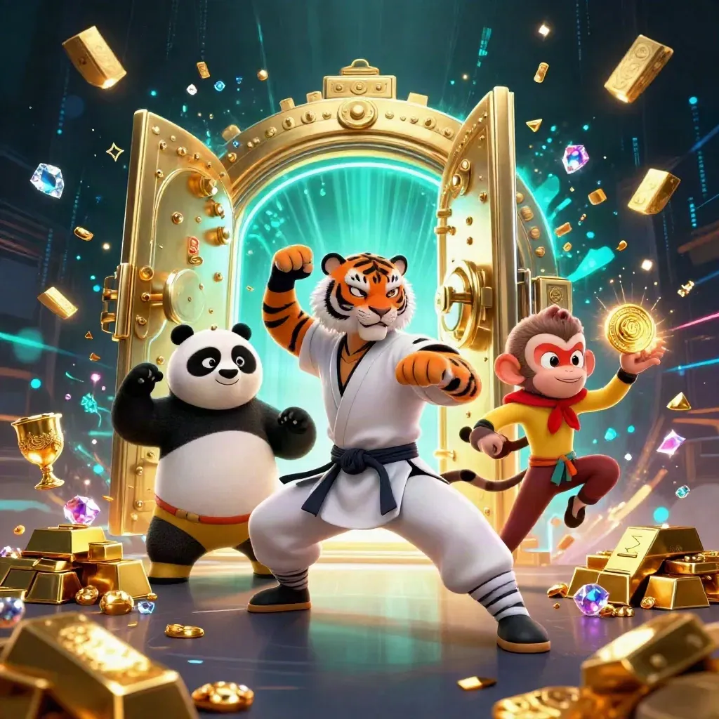 Tiger master, panda and monkey burst from an open treasure vault in neon casino light.
