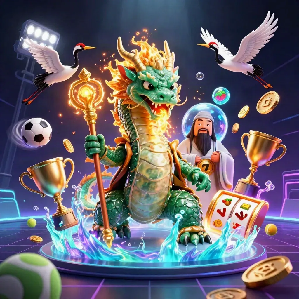 Emerald dragon, turtle sage, and ribbon cranes amid gold fire, coins, balls, and neon casino glow.