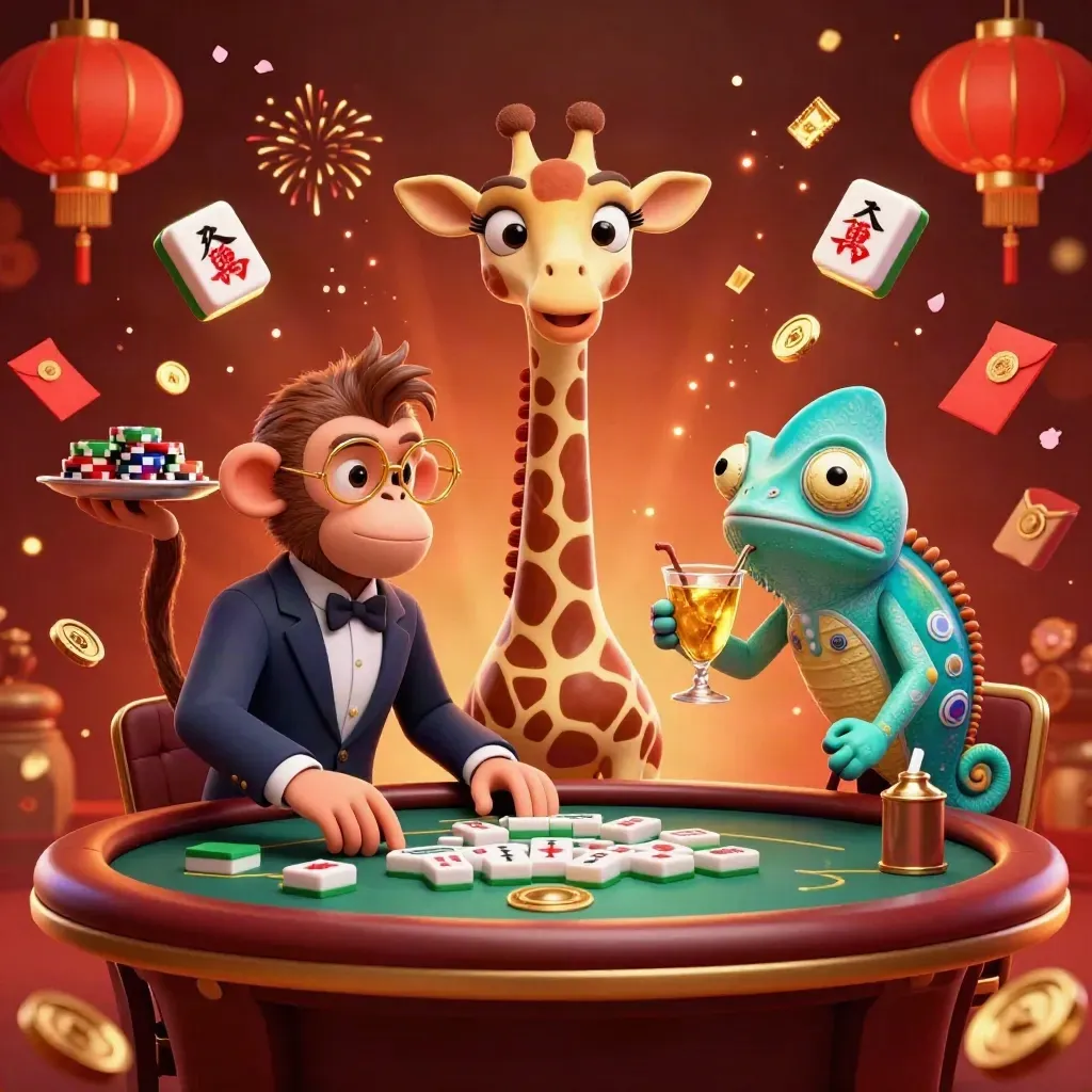 Giraffe, monkey, and chameleon in a glowing casino scene with coins, lanterns, and confetti.