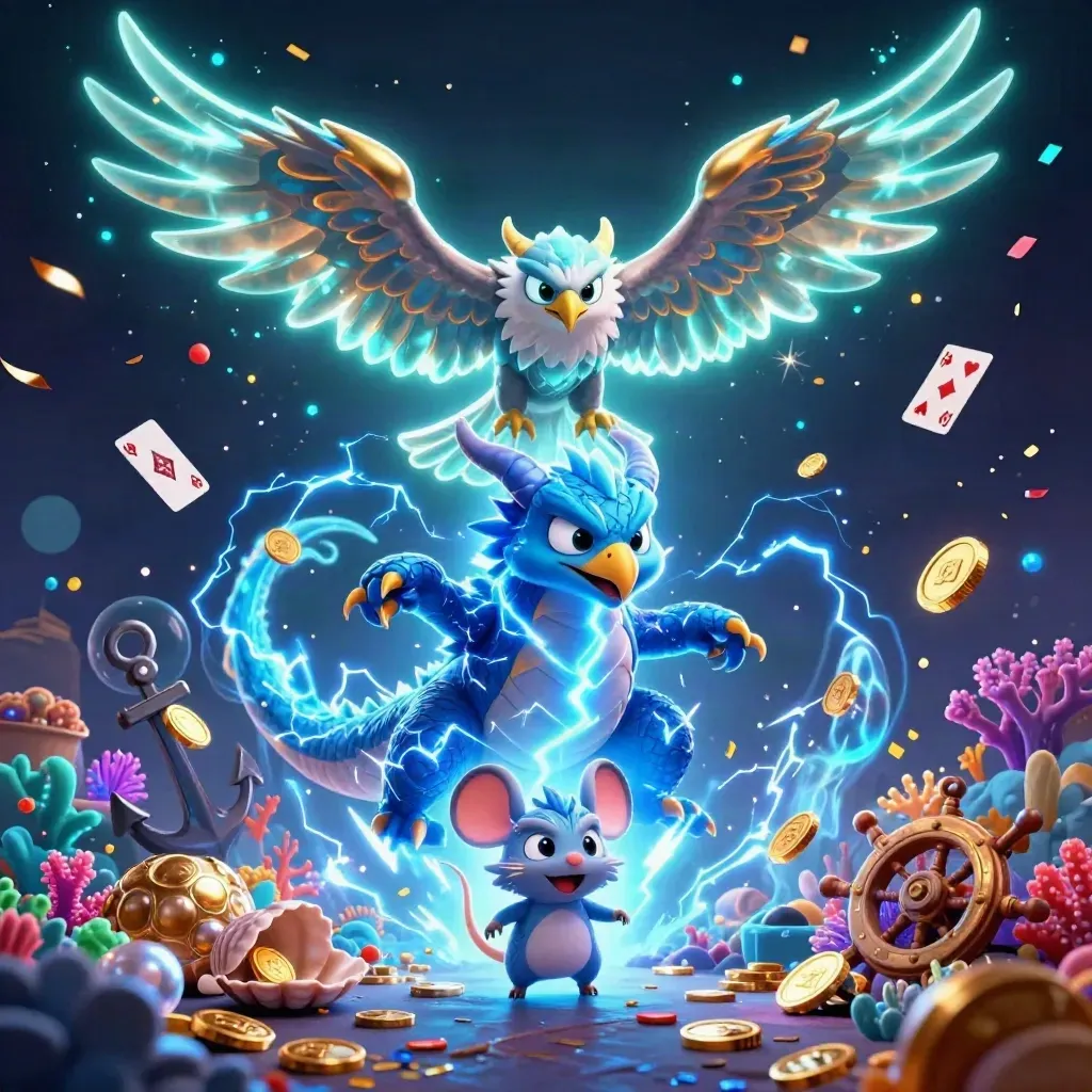 Thunder dragon, wind hawk, and thunder-mouse in a glowing treasure cove with coins, coral, and sparks.