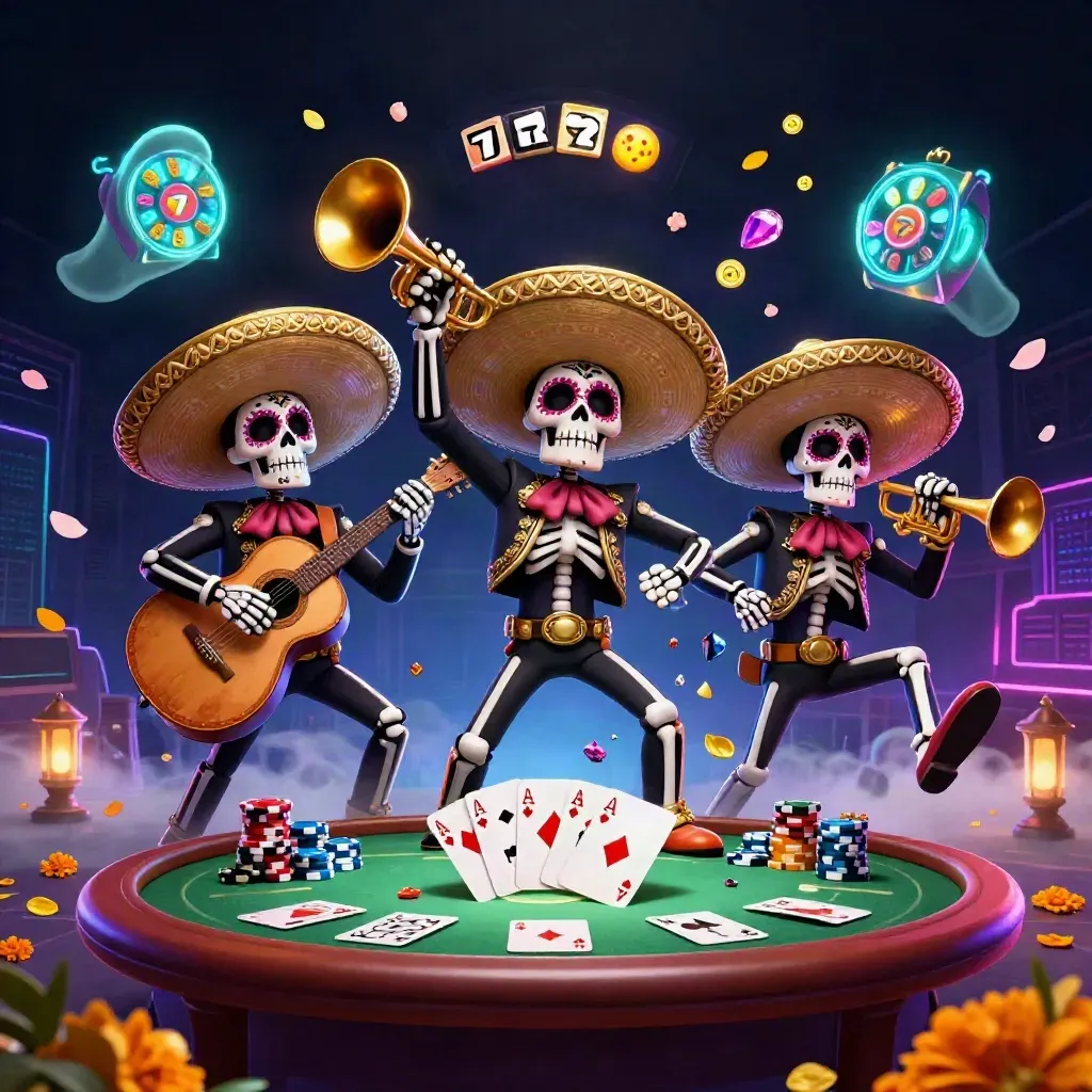 Three skeleton mariachi heroes amid chips, cards, runes, petals, and neon casino glow