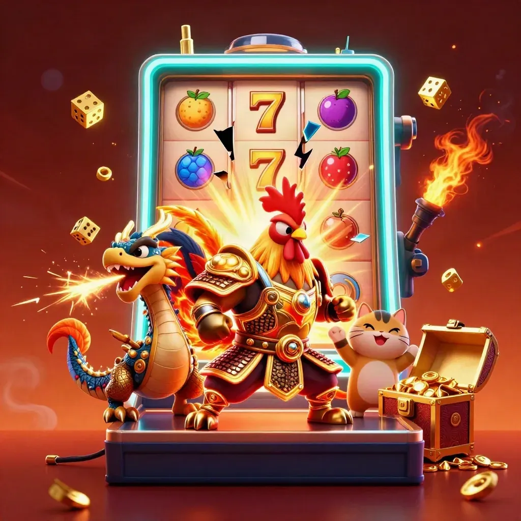 Rooster warrior, dragon hatchling, and fortune cat amid slot-machine jackpot bursts and teal-gold casino glow