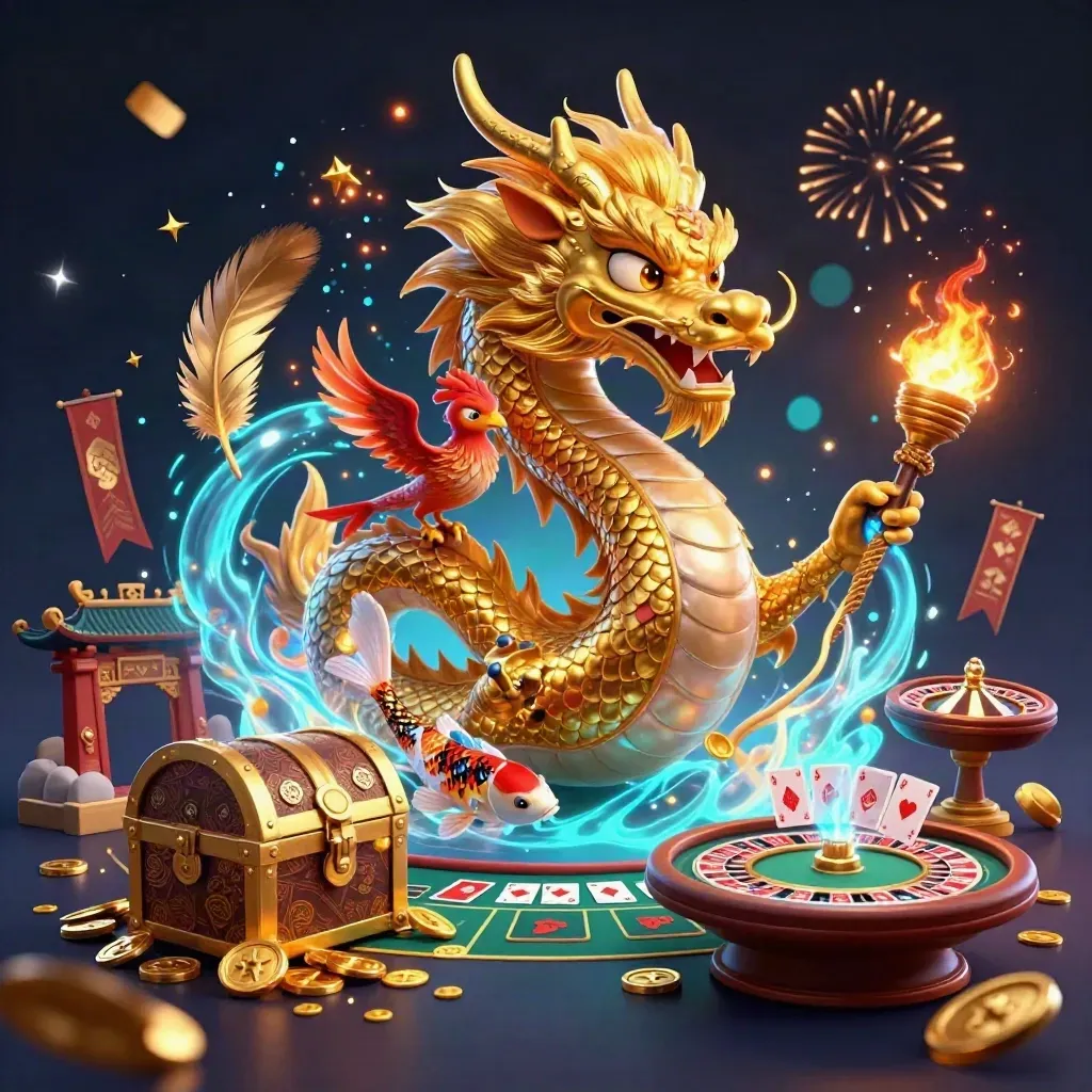 Golden dragon, phoenix, koi and casino treasures burst in neon navy and gold.