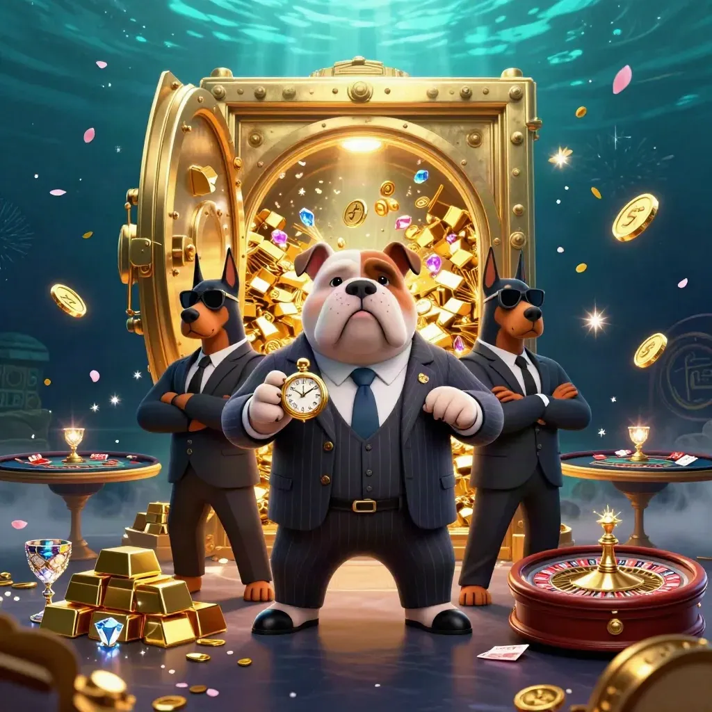 Bulldog mafia boss and Dobermans amid exploding vault gold, roulette spin, teal underwater glow.