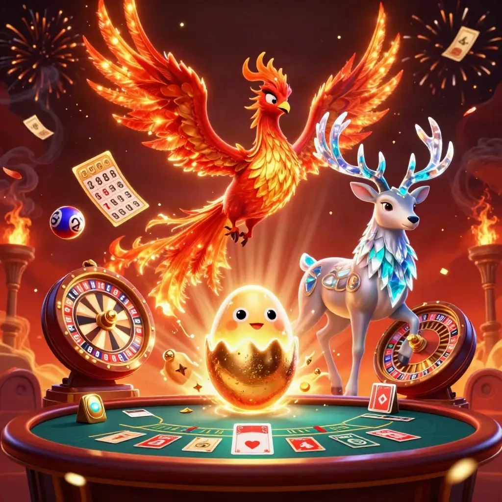 Phoenix trio amid coins, reels, cards, and glowing casino effects in a fiery premium splash screen.
