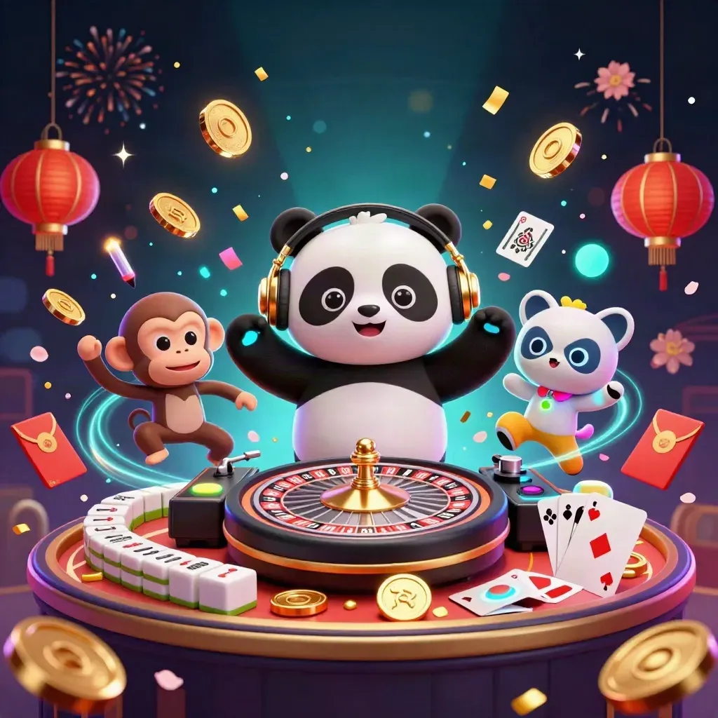 DJ panda, monkey, and kitten in a neon casino scene with coins, fireworks, and glowing cards.