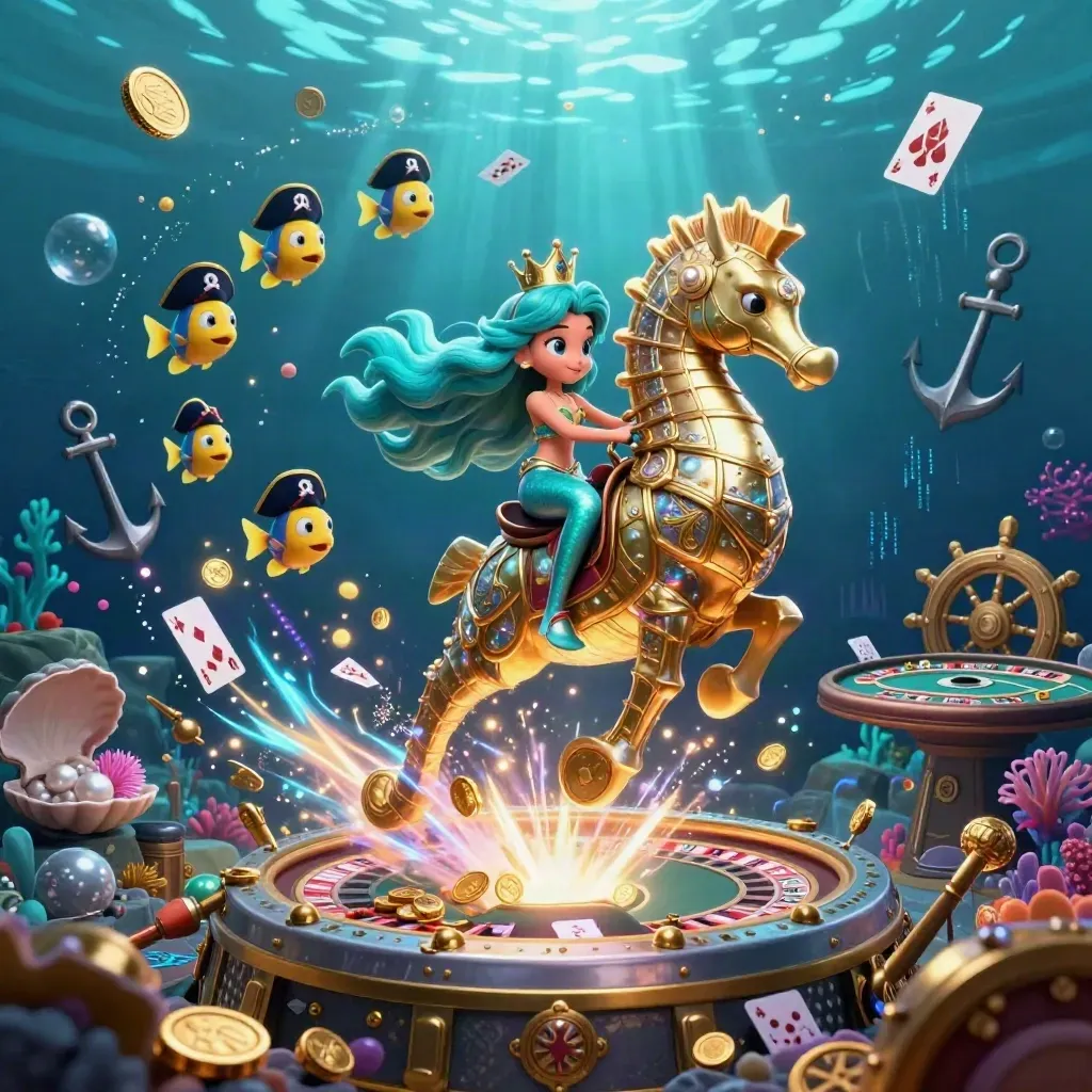 Mermaid princess on armored seahorse amid pirate fish, coins, coral, roulette and teal-gold glow