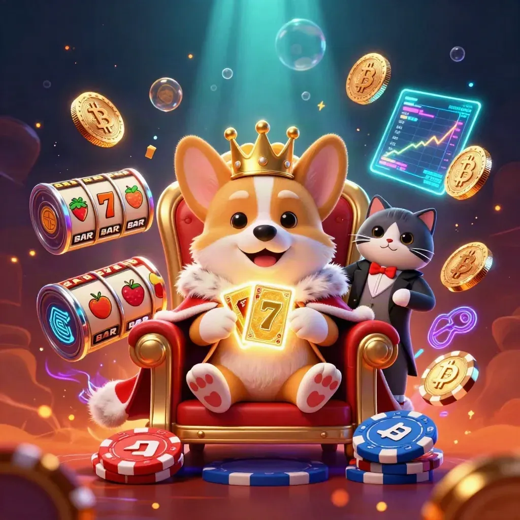 Royal corgi and cat butler on a chip throne, surrounded by glowing crypto coins, reels, and lightning.