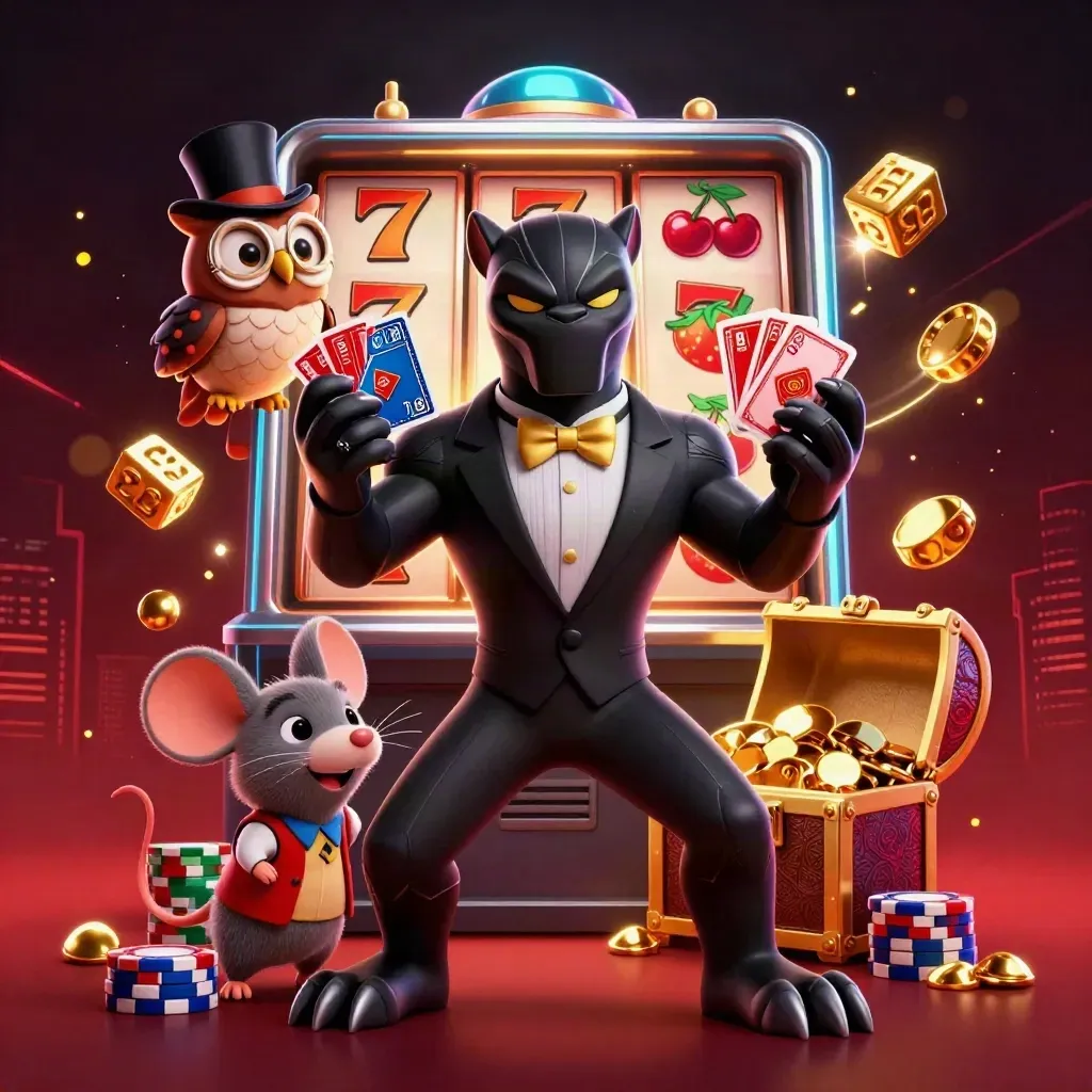 Panther, owl, and mouse amid jackpot slot reels and gold bursts on a dark neon casino background