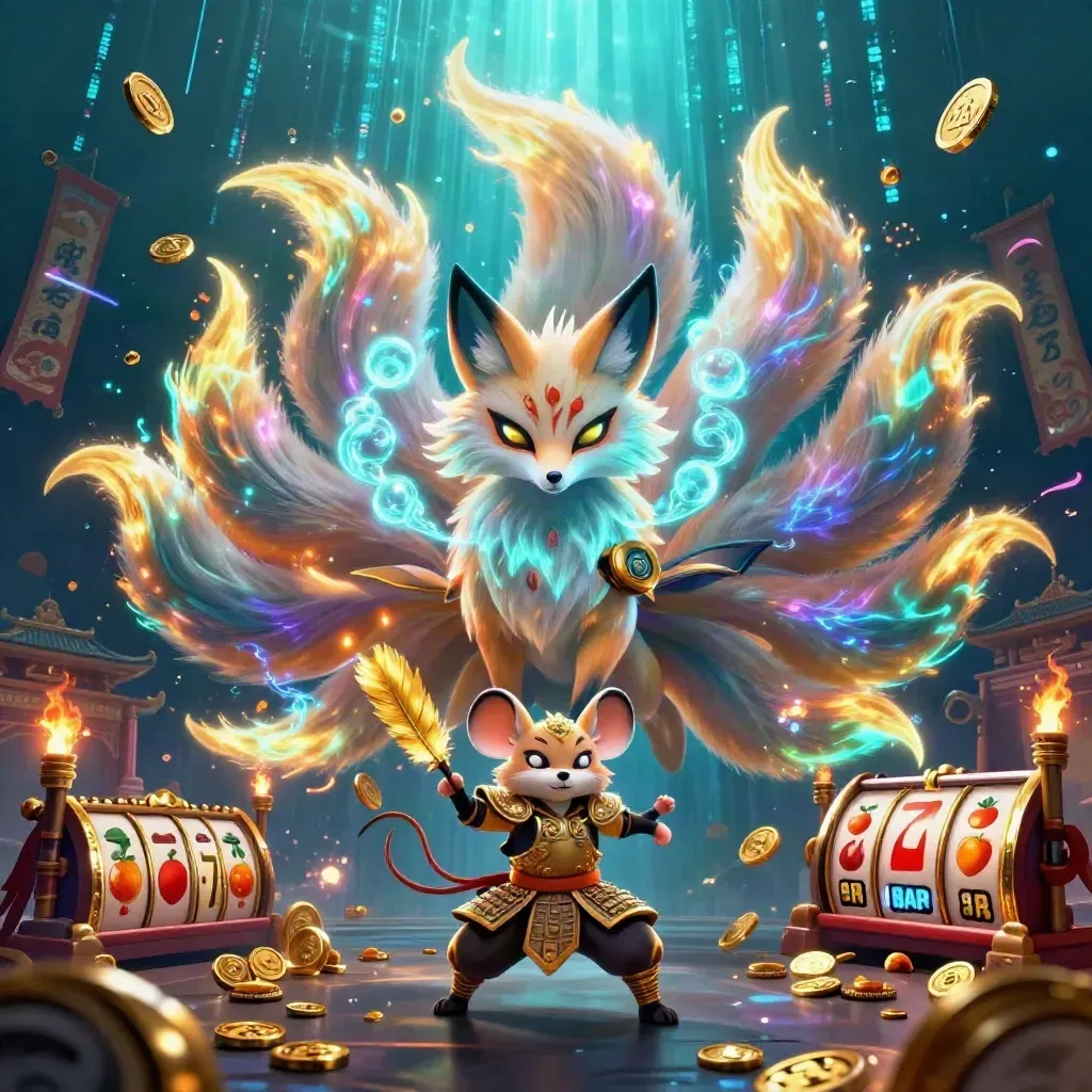 Nine-tailed fox spirit with armor mouse amid casino symbols, neon energy, and temple ruins