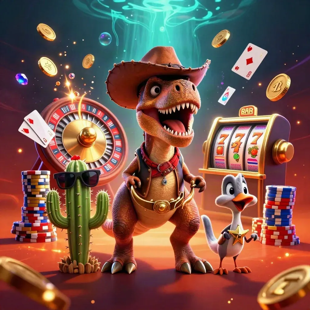 Cowboy T-Rex, cactus sidekick, and roadrunner burst through neon casino loot.