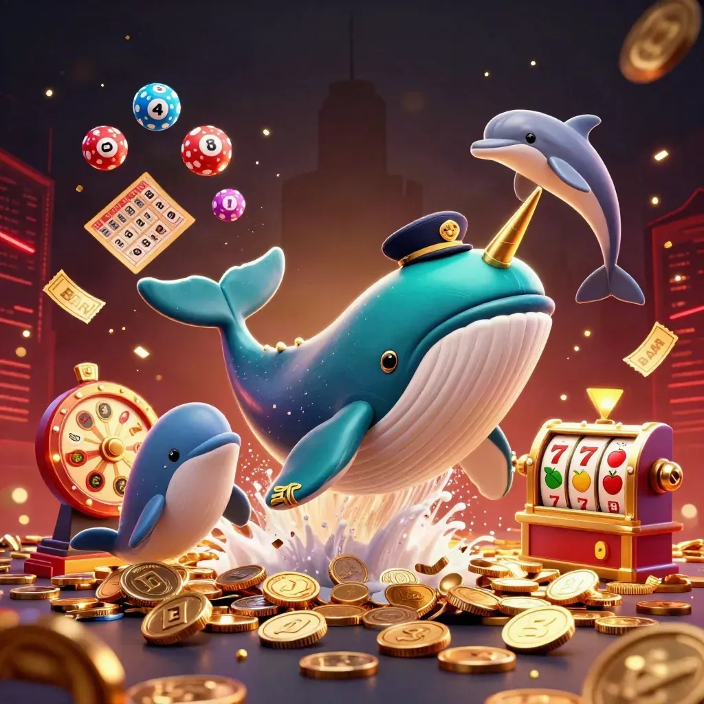 Whale captain, narwhal, and dolphins erupting through coins with casino balls and reels.