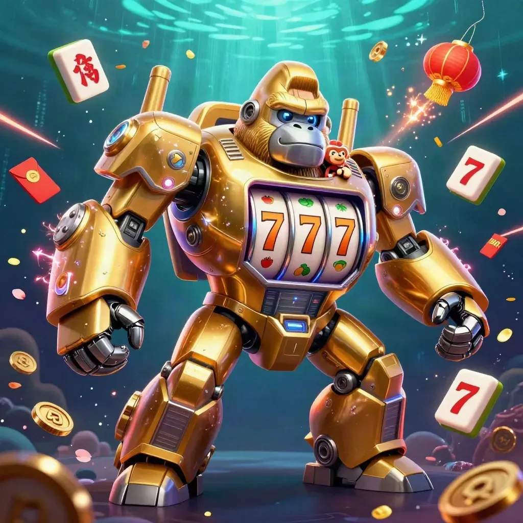 Golden gorilla slot mech with tiny monkey pilot amid lanterns, coins, petals and teal glow
