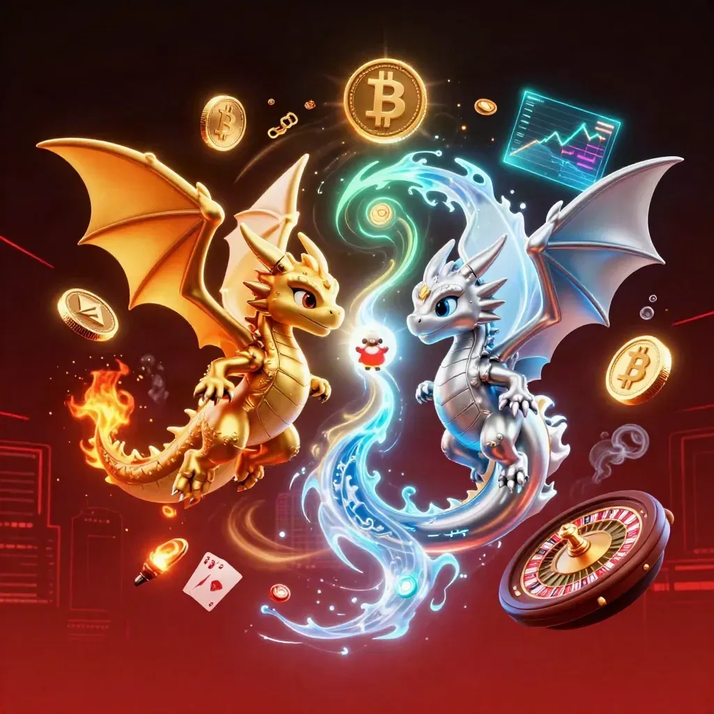 Two intertwined dragon mascots with casino icons, neon glow, and a dark skyline
