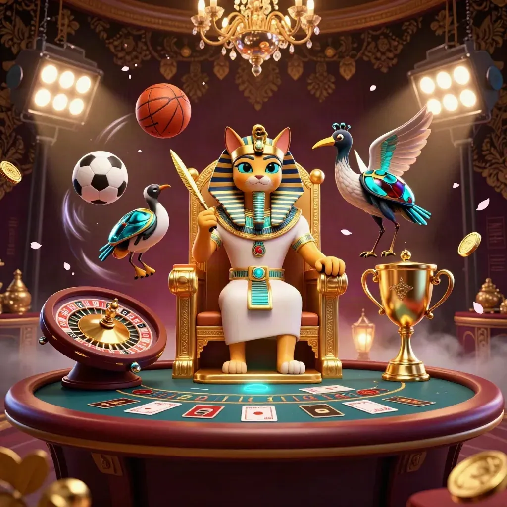 Pharaoh cat, ibis scribe and scarabs amid casino props, balls, coins, and glowing neon lights.