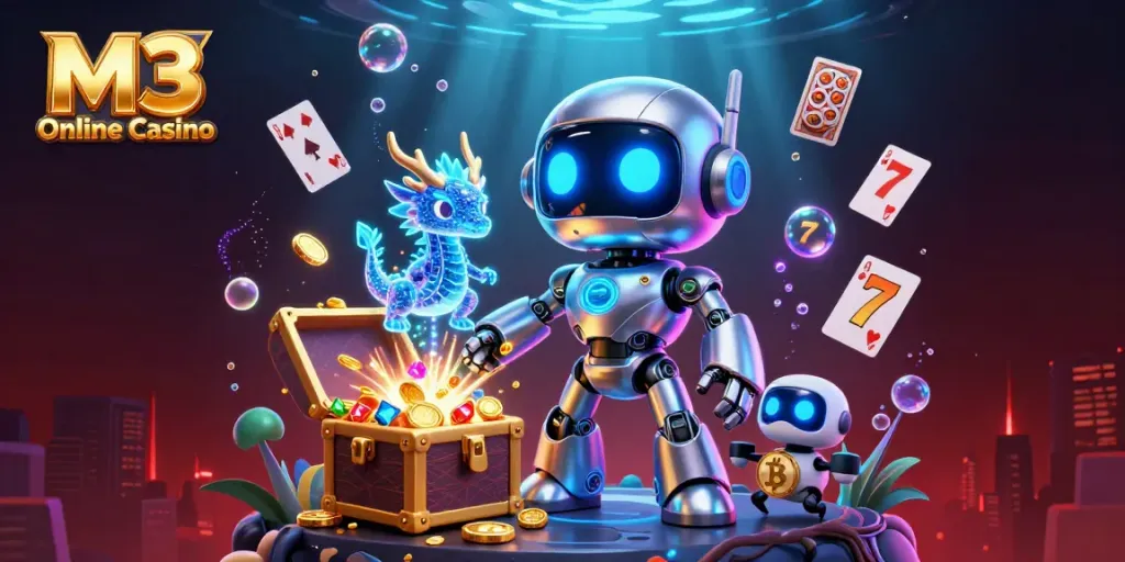 Experience excitement at M3 Online Casino with a vibrant 3D illustration showcasing thrilling gaming elements.
