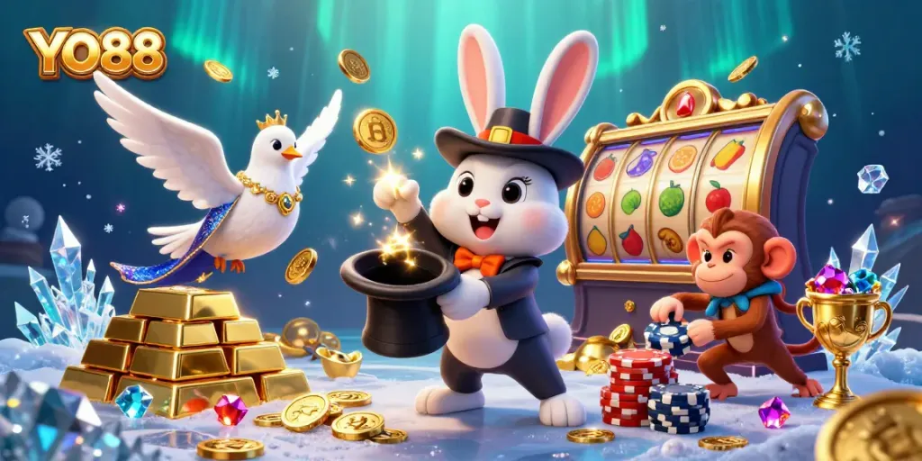 Experience the thrill at YO88 with a dazzling scene of magical casino fun, featuring vibrant game elements.