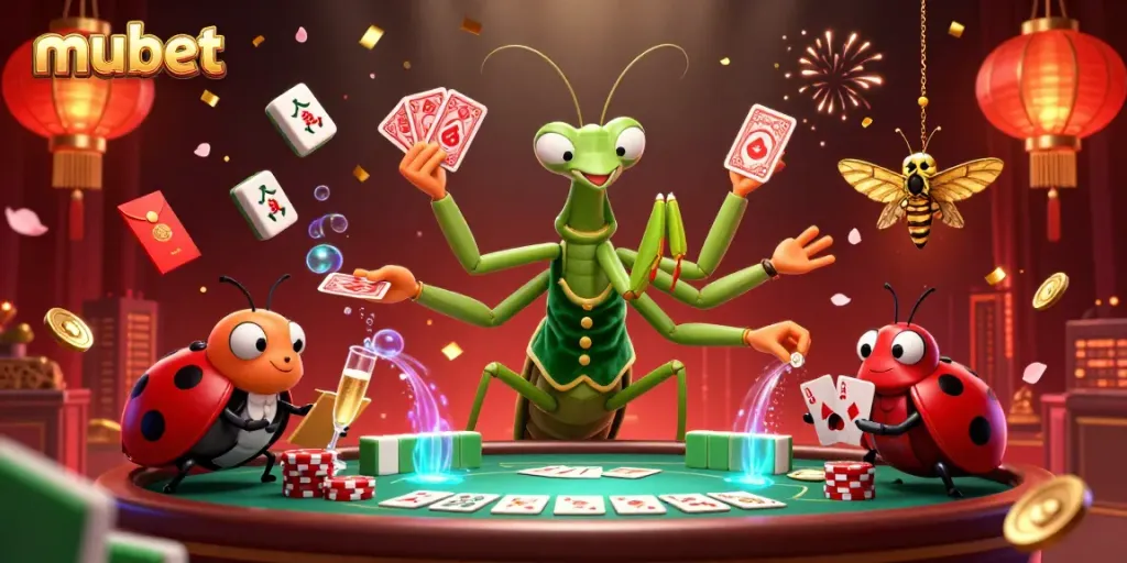 Mubet showcases an exciting scene with vibrant casino elements and cartoon characters featuring a giant praying mantis and a ladybug pit boss.