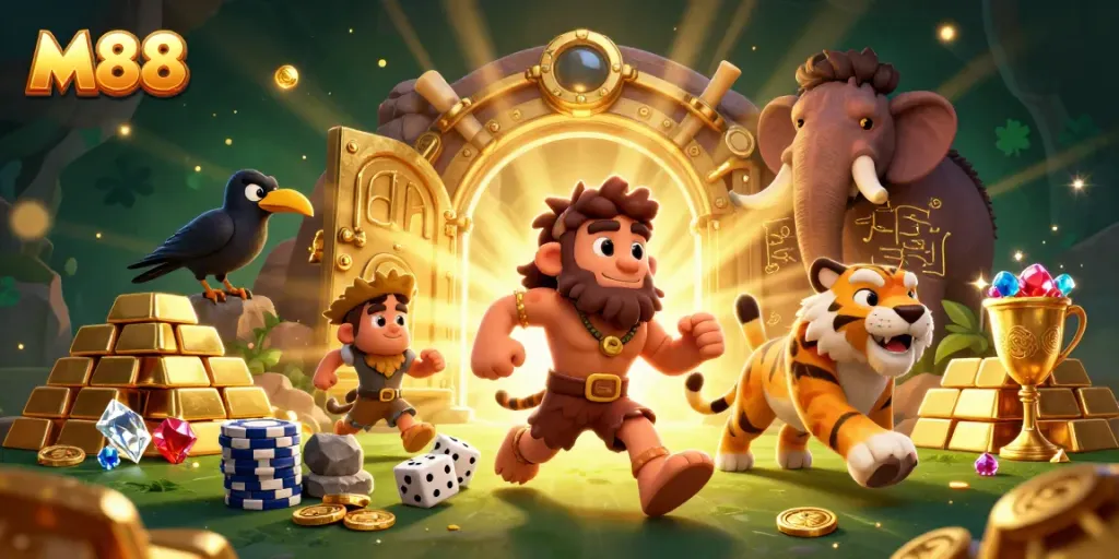 Experience thrilling M88 casino adventures with vivid characters in a prehistoric-themed setting.