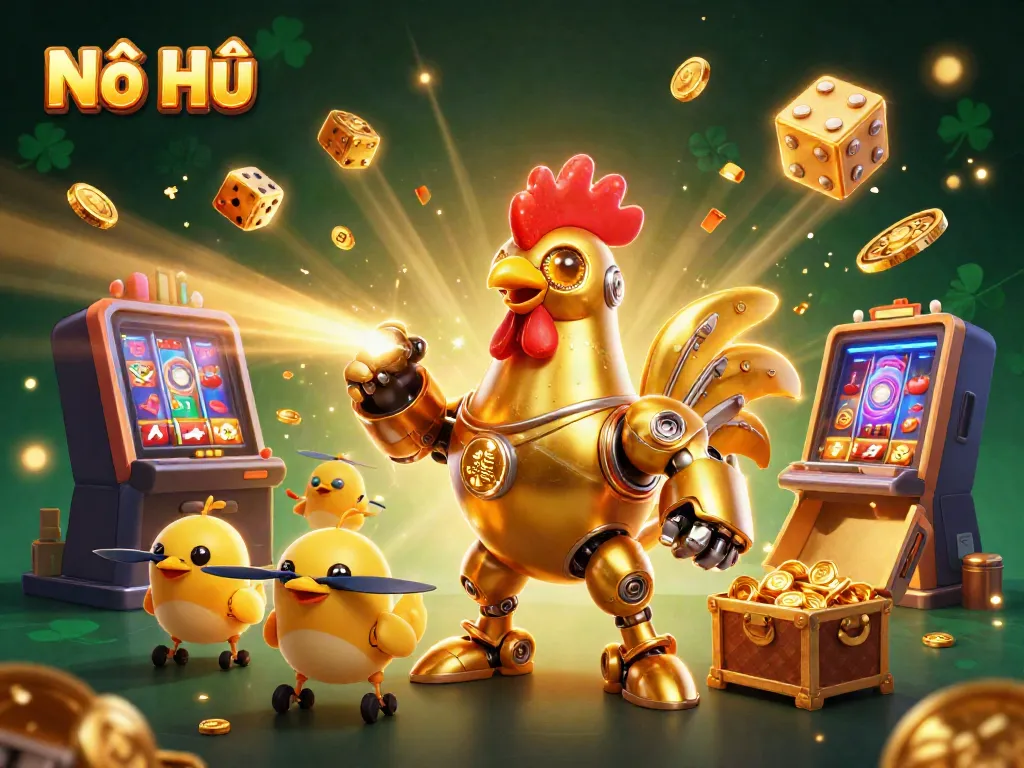 Experience Nổ Hũ with vibrant jackpot excitement, highlighted by a golden robot and dynamic gaming elements.
