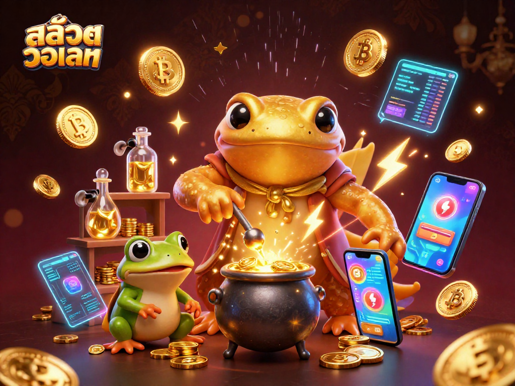 Experience สล็อตวอเลท with a vibrant scene of a golden salamander alchemist and crypto-rich elements.