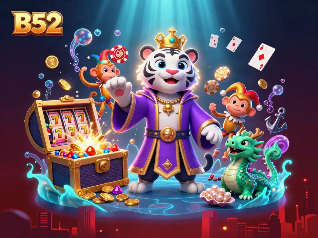Engage with thrilling B52 casino adventures featuring dynamic characters and floating slot machines.