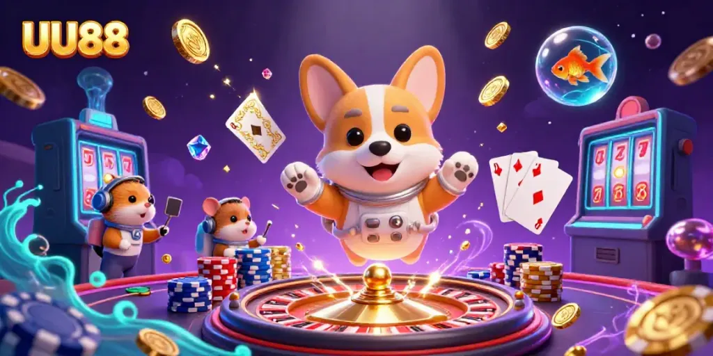 Experience thrilling gameplay with UU88 in this animated casino scene featuring charming characters and vibrant casino elements.