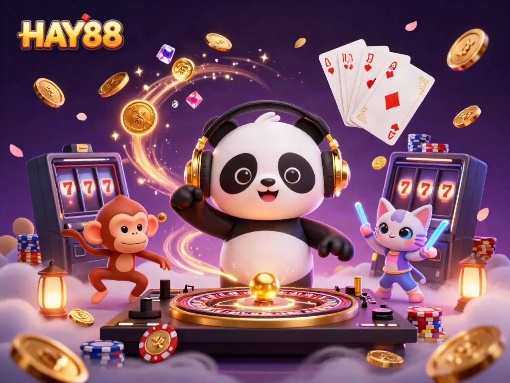 Spin to win with HAY88 in this vibrant casino scene featuring dynamic characters.