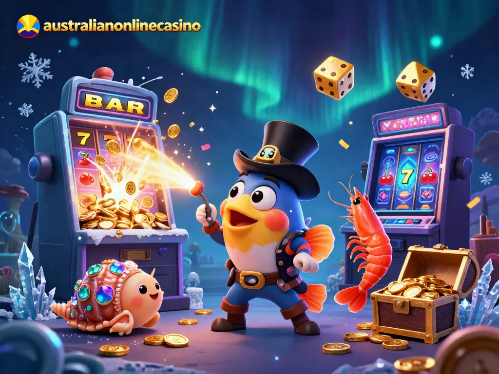 Anglerfish and pirate shrimp at a colorful australianonlinecasino scene with jackpot slot explosion